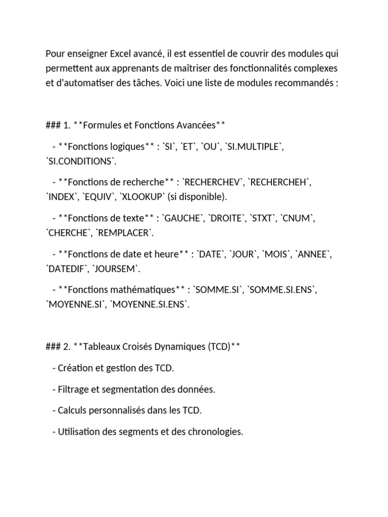 Modules pour Excel Avancé | PDF | Microsoft Excel | Visual Basic for ...