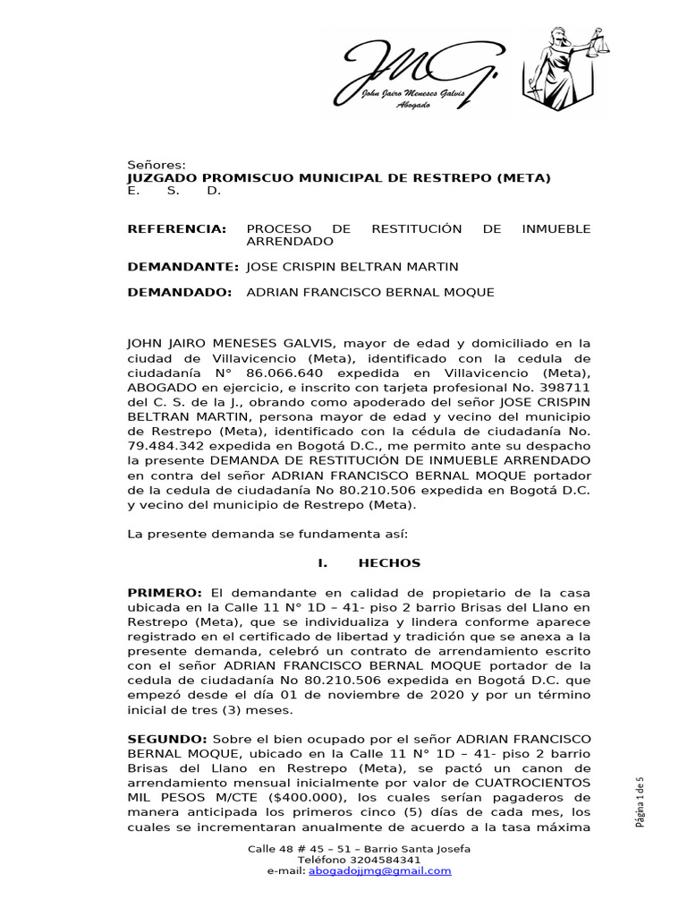 Demanda de Restitución de Inmueble Arrendado | PDF | Ley común | Justicia
