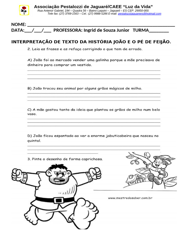 INTERPRETAÇÃO DE TEXTO JOAO E O PÉ DE FEIJÃO 2 PARTE | PDF