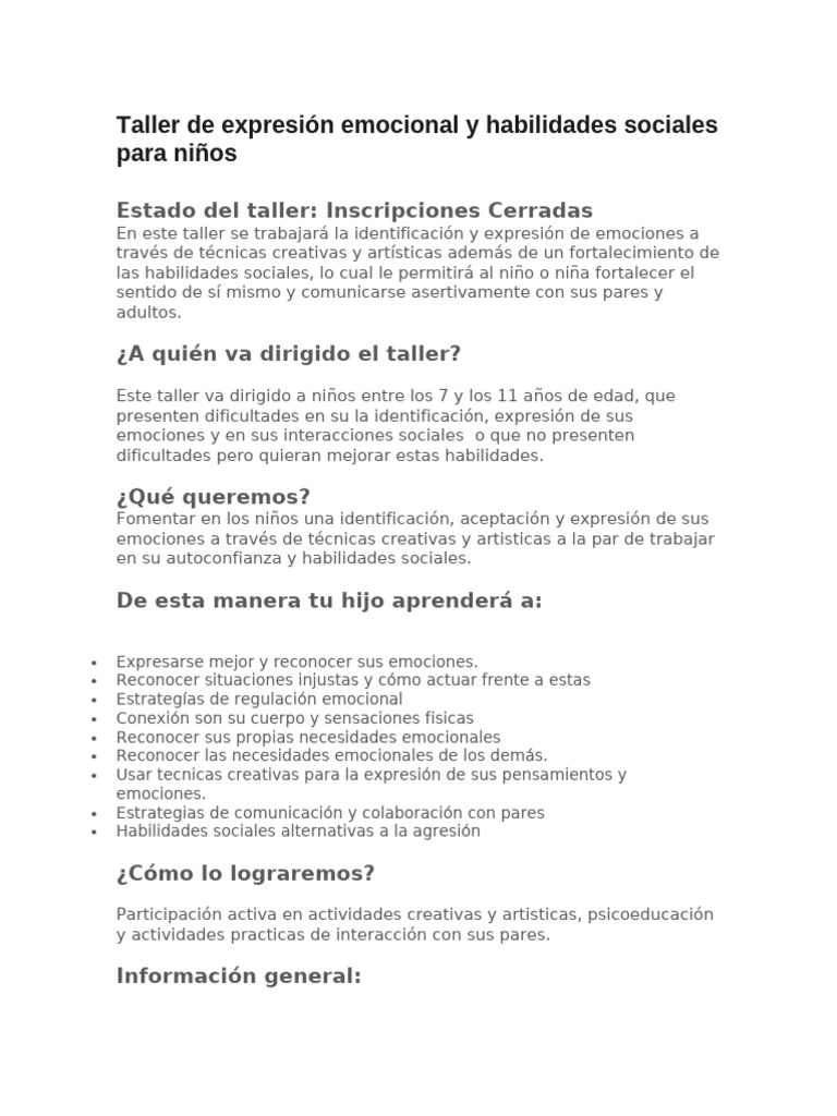 Taller de Habilidades Emocionales para Niños | PDF