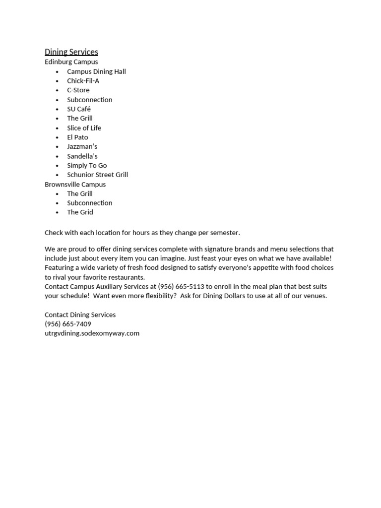 Edinburg & Brownsville Campus Dining Options | PDF