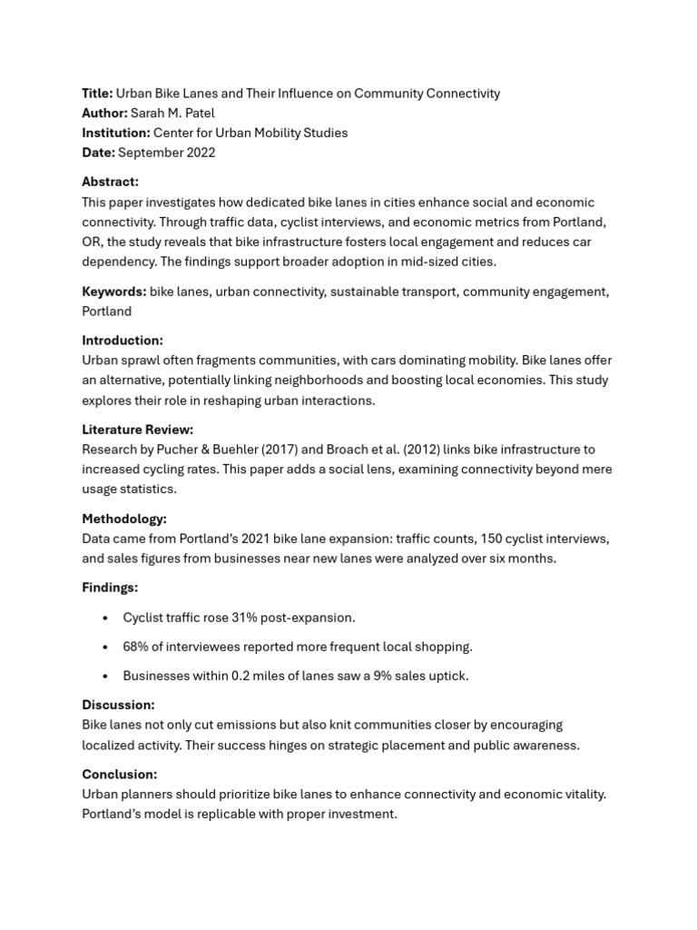 Urban Bike Lanes and Their Influence On Community Connectivity | PDF