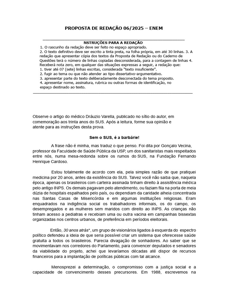 Valorização do SUS: Proposta de Redação ENEM 2025 | PDF