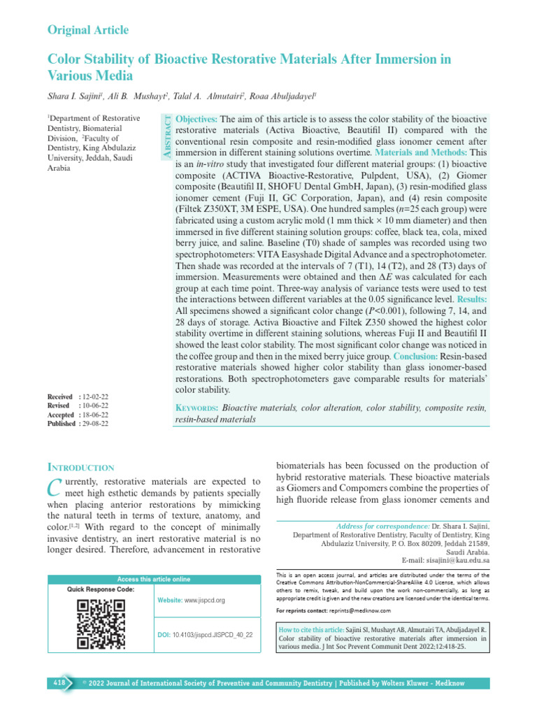 Color Stability of Bioactive Restorative Materials.5 | PDF