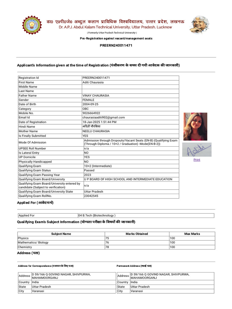 Pre-Registration for B.Tech Admission | PDF