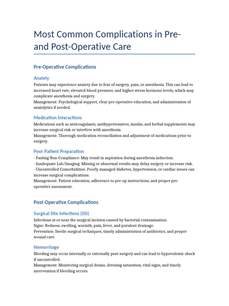 Pre- and Post-Operative Care Complications | PDF | Thrombosis | Surgery