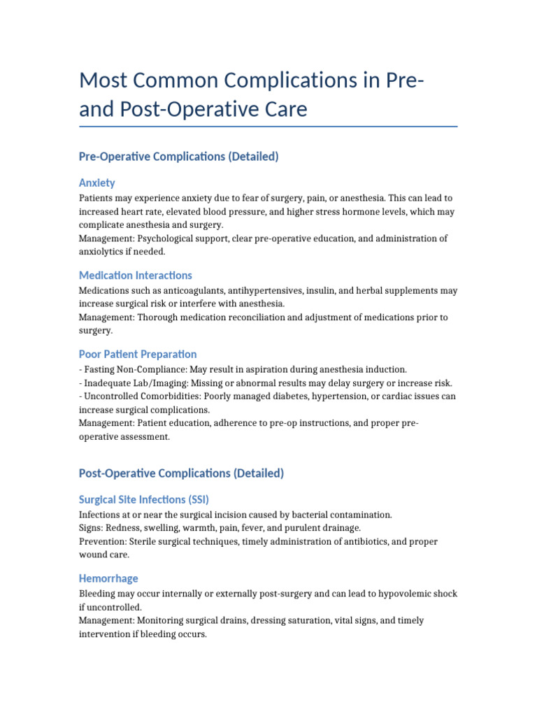 Pre and Post Operative Complications | PDF | Thrombosis | Surgery