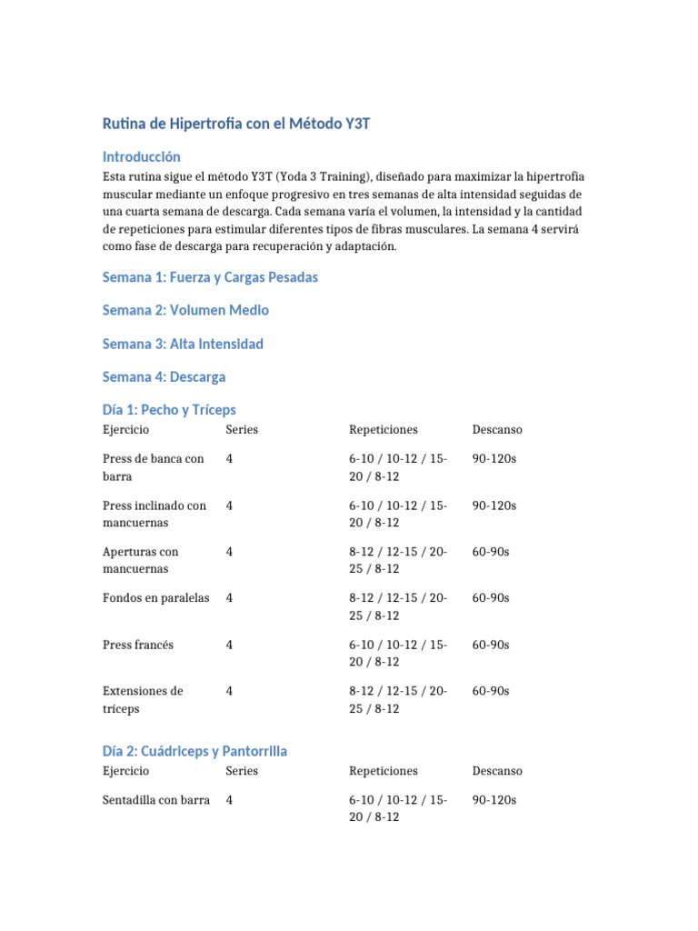 Rutina Y3T para Hipertrofia Muscular | PDF | Entrenamiento con pesas ...