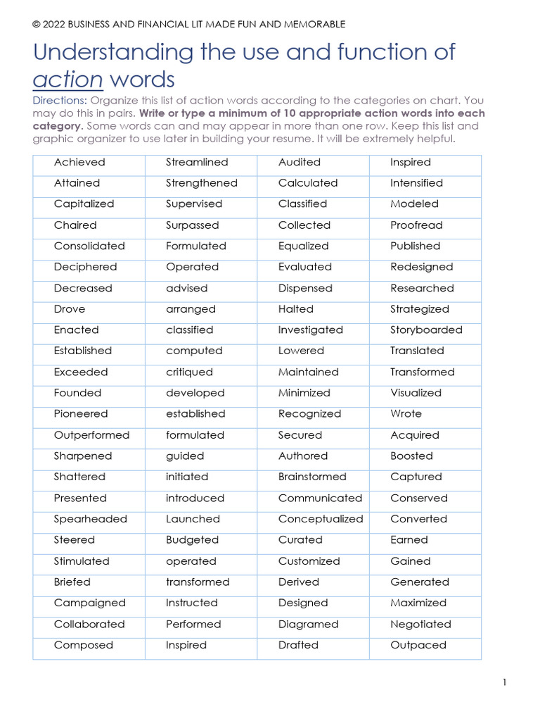 Action Words Activity | PDF