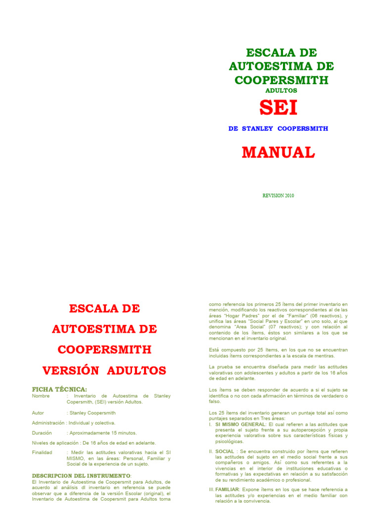 Escala de Autoestima Coopersmith Adultos | PDF | Autoestima | Sicología