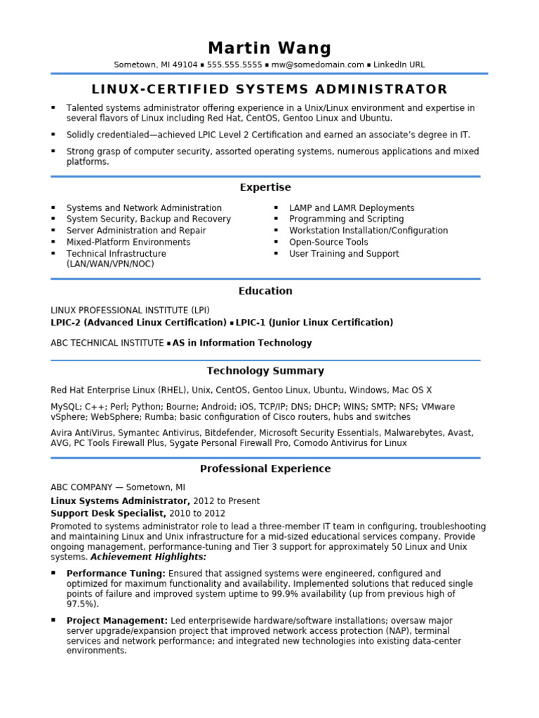 Linux Systems Administrator Resume | PDF | Linux | Computer Network