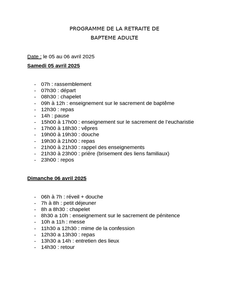 Retraite Baptême Adulte 2025 : Programme | PDF