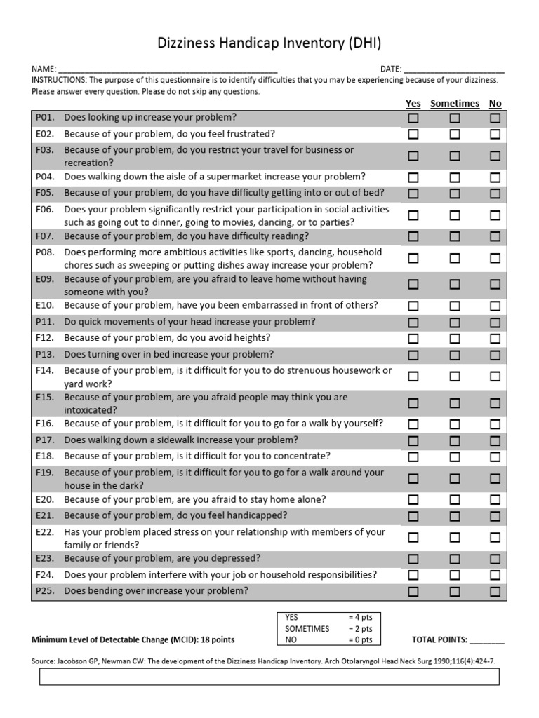 Dizziness Handicap Inventory Questionnaire | PDF