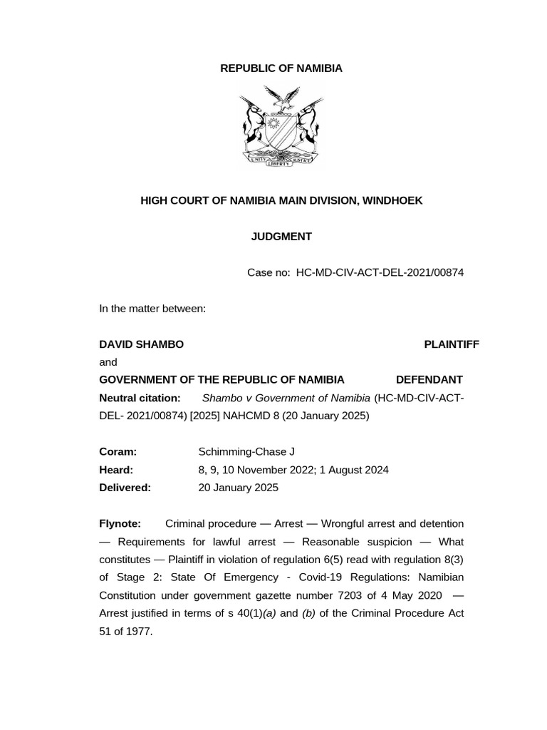 Shambo v Namibia: Unlawful Arrest Ruling | PDF | Arrest | Criminal ...