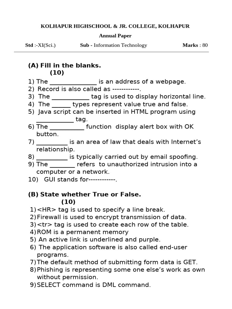 Information Technology Exam Paper XI | PDF | Relational Database ...