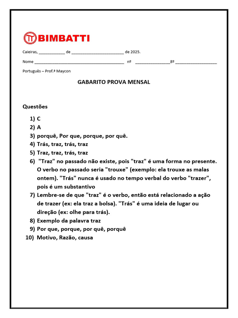 Gabarito Prova Mensal de Português | PDF