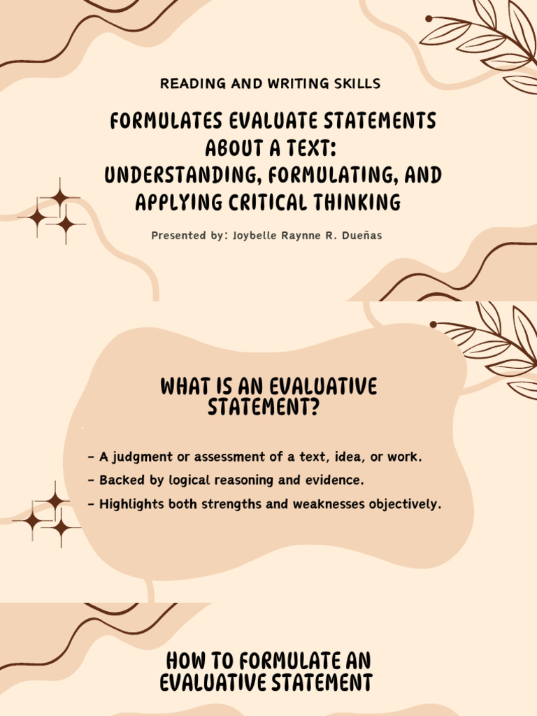 Evaluative Statements and Assertions Understanding Formulating and ...
