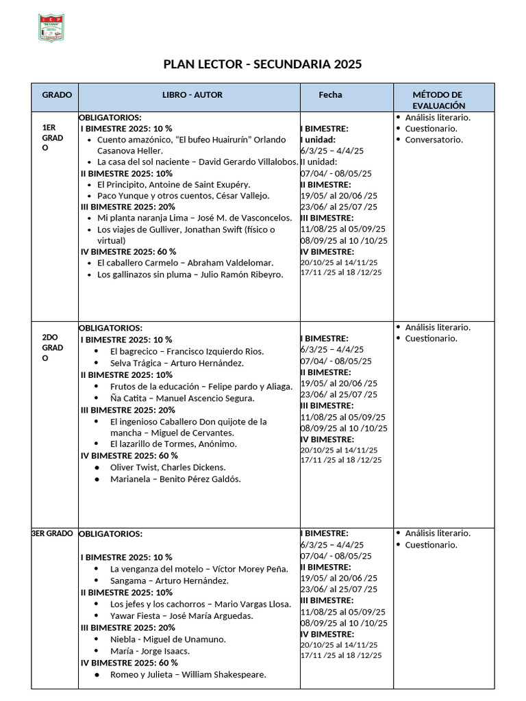 Plan Lector Secundaria 2025 | PDF | Literatura en español