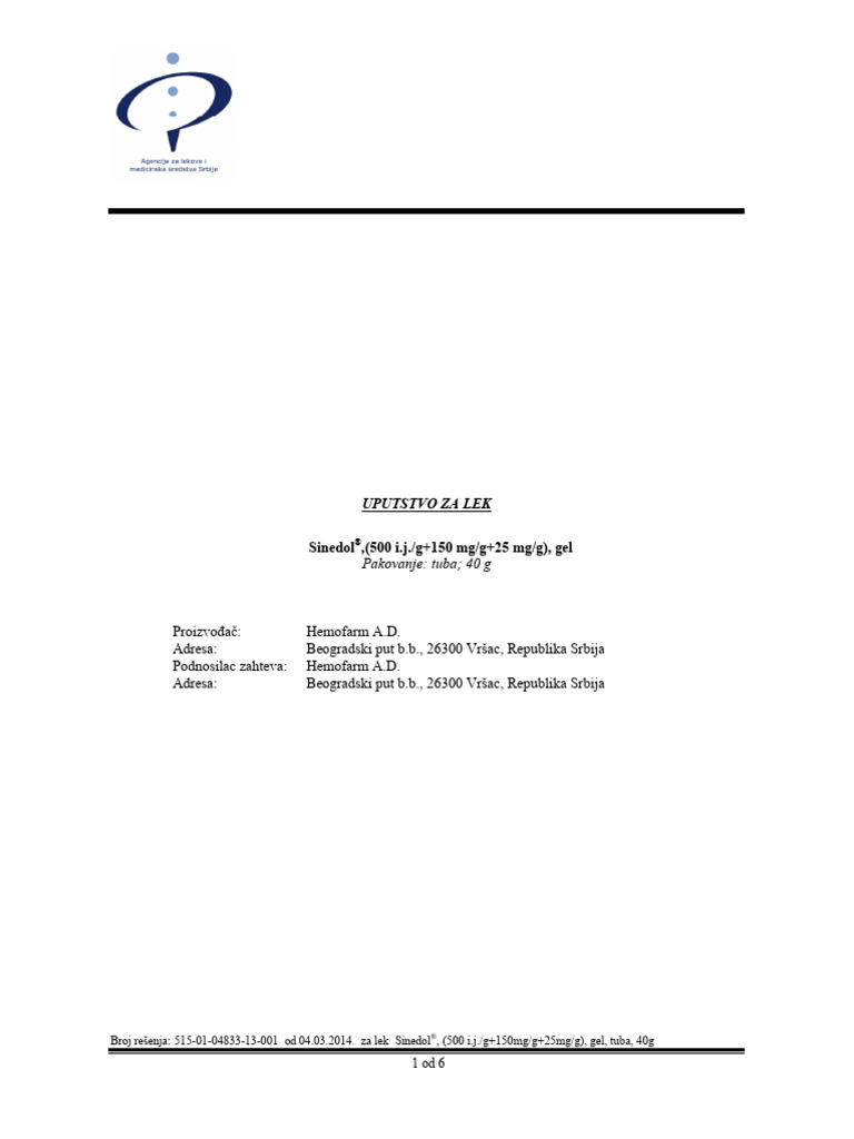Sinedol, (500 I.j./g+150 mg/g+25 MG/G), Gel | PDF