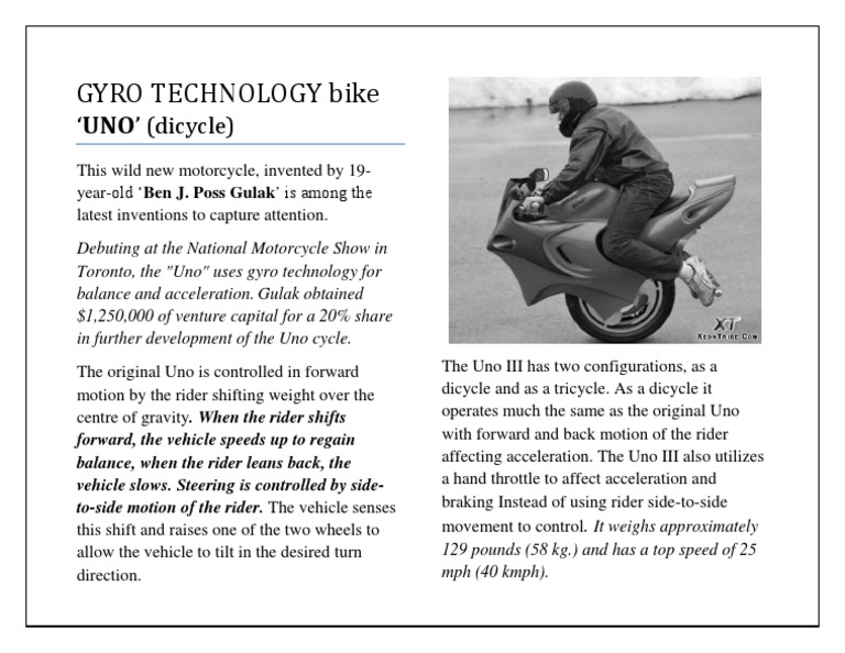 Gyro-Stabilized Uno Dicycle Overview | PDF | Technology & Engineering