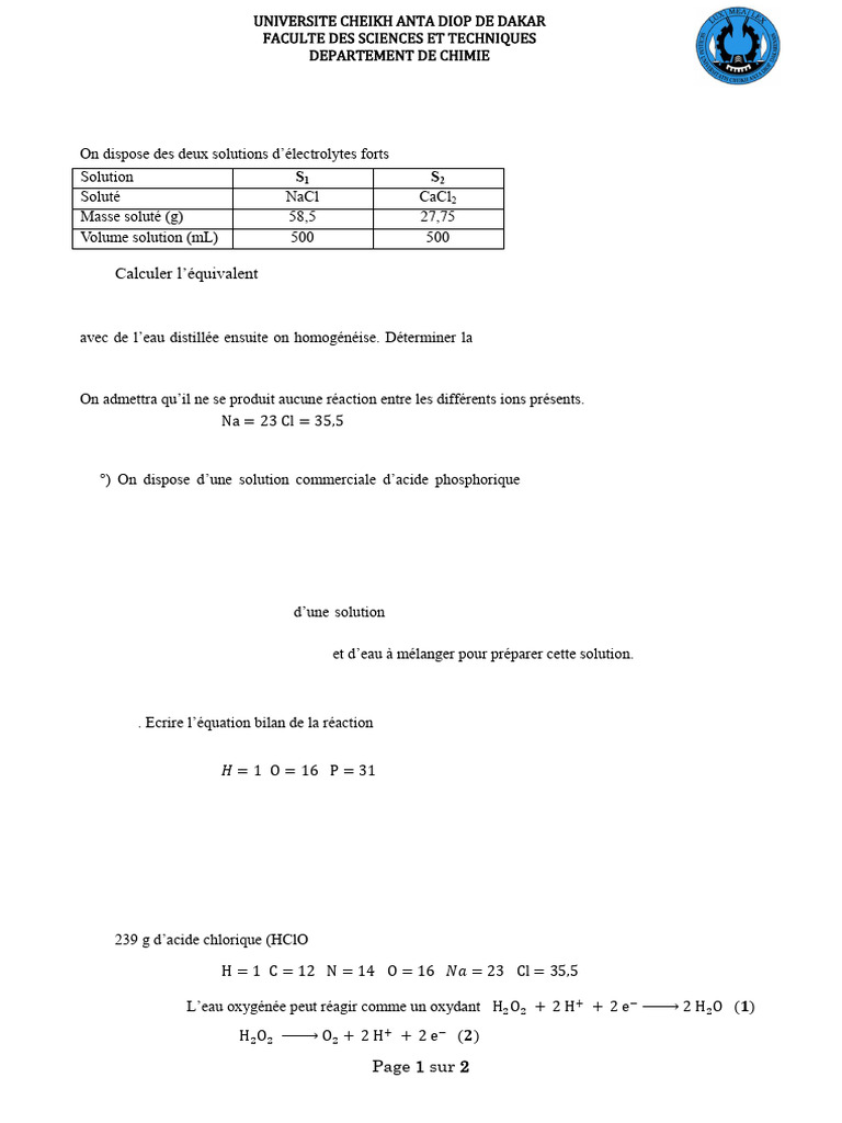 Calculs de solutions chimiques et réactions | PDF | Concentration ...