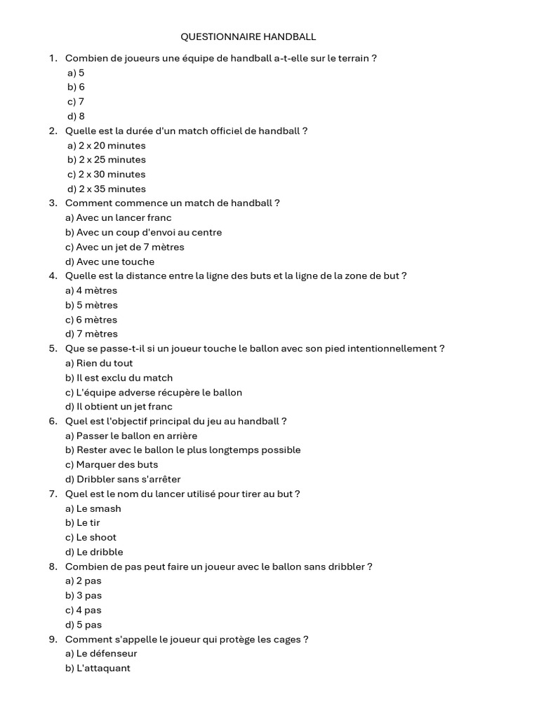 Questionnaire sur le Handball | PDF | Football | Sports athlétiques