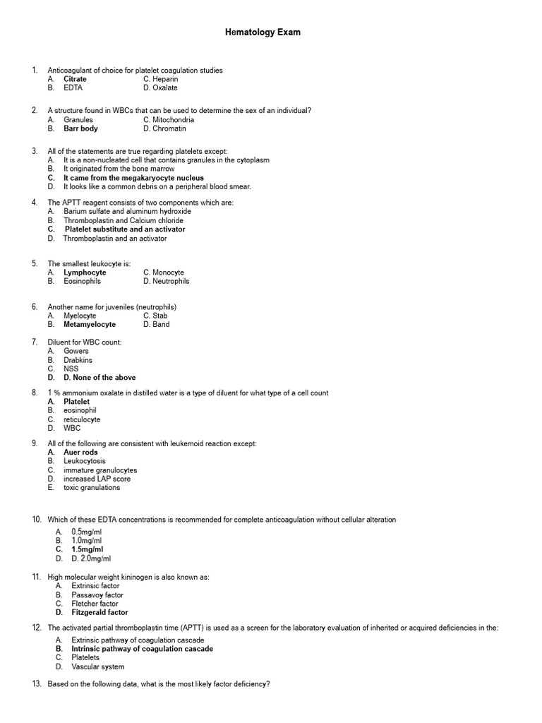 Hema Exam 250 Items | PDF | Coagulation | Platelet