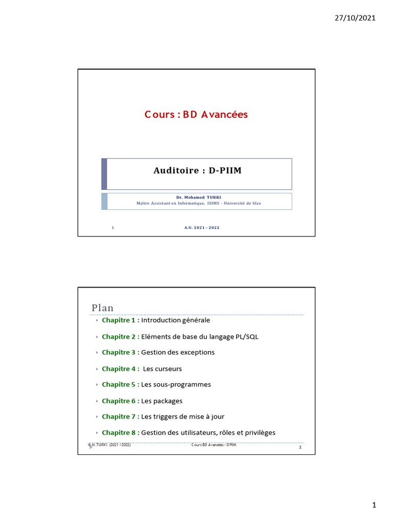 Cours sur PL/SQL et SGBD Oracle | PDF | Bases de données | SQL