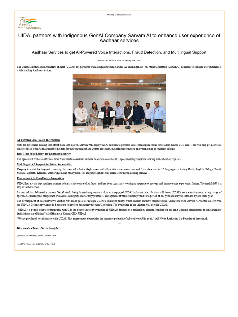 UIDAI Partners With Indigenous GenAI Company | PDF