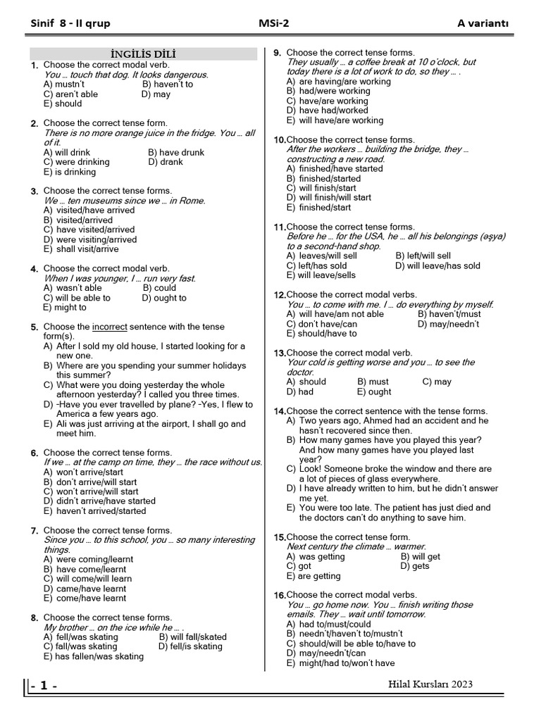English Language Test for 8th Grade | PDF | Umbrella | Verb