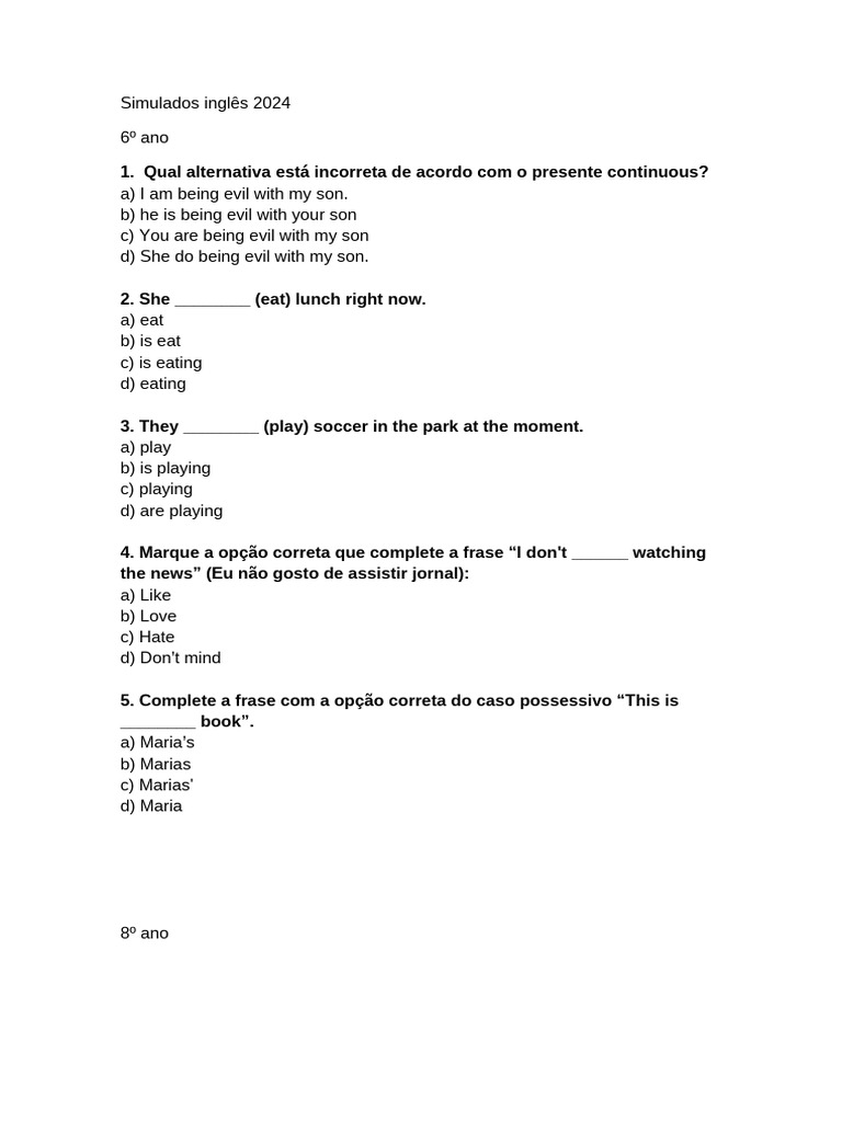 Simulados de Inglês 6º a 9º Ano 2024 | PDF