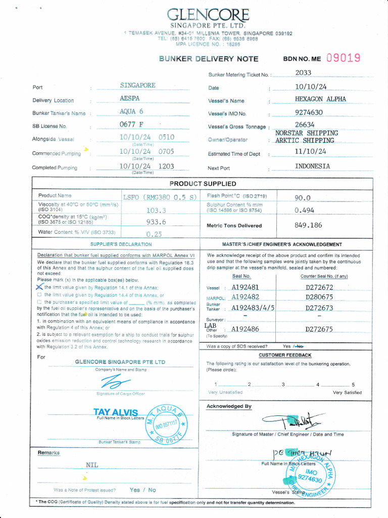 Bunker Delivery Note for Vessel | PDF