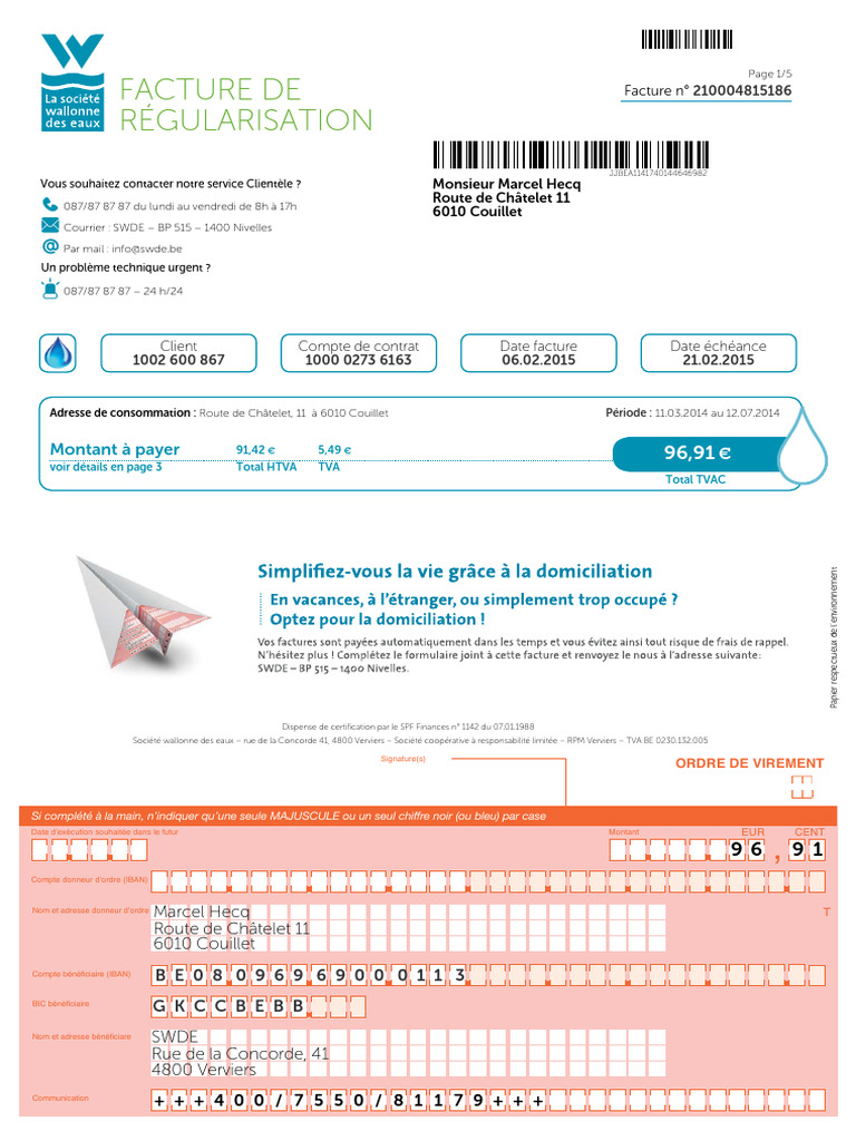 Facture de régularisation SWDE 2015 | PDF | Taxe sur la valeur ajoutée ...