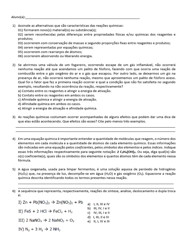 Exercícios sobre Reações Químicas | PDF | Reações químicas | Química