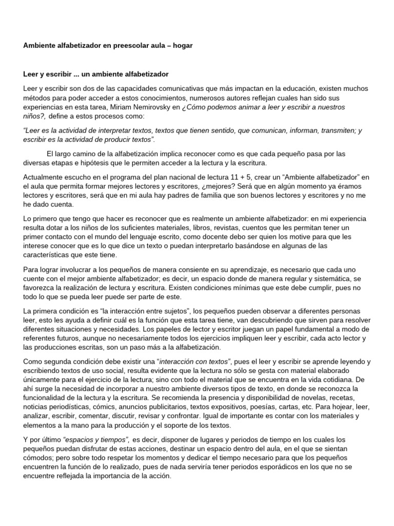 Ambiente Alfabetizador en Preescolar | PDF | Educación de la primera ...