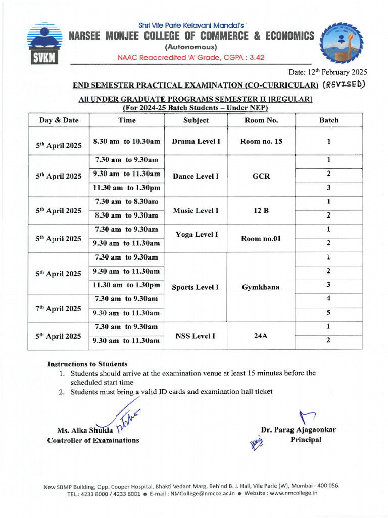 SFC Sem II Co-Curricular Practical Exam Time Table (Revised) | PDF