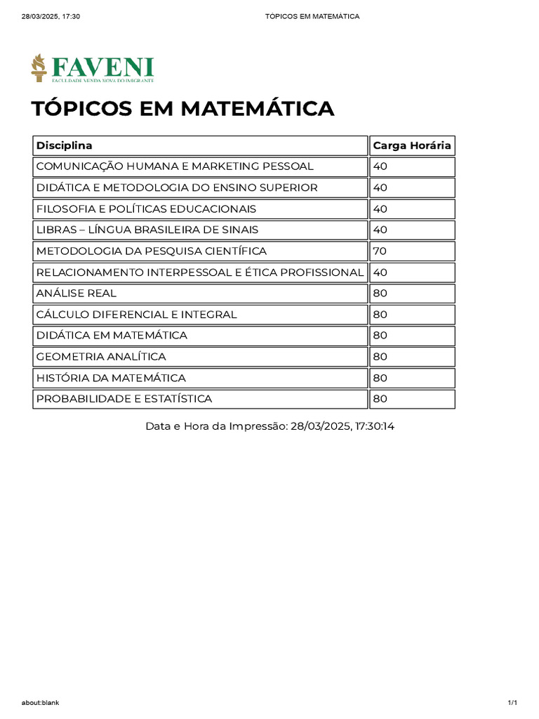 Tópicos de Matemática e Carga Horária | PDF