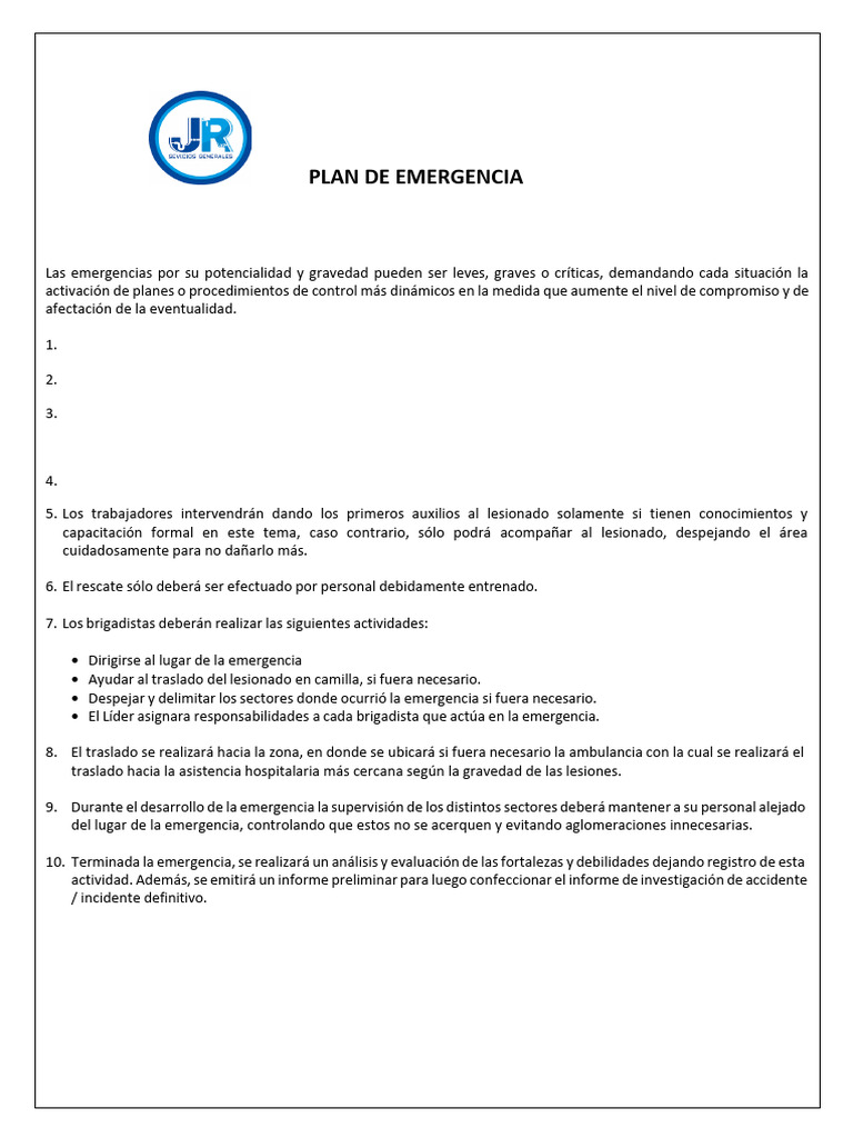 Plan de Emergencia y Respuesta | PDF | Primeros auxilios