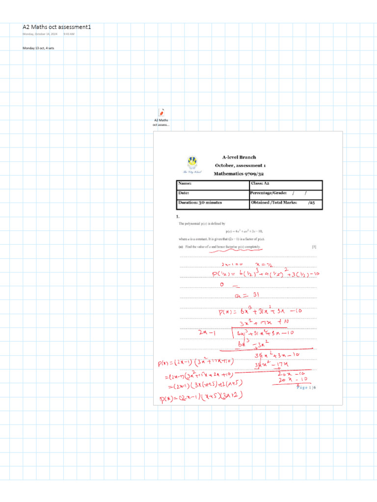 A2 Maths Oct Assessment1 | PDF