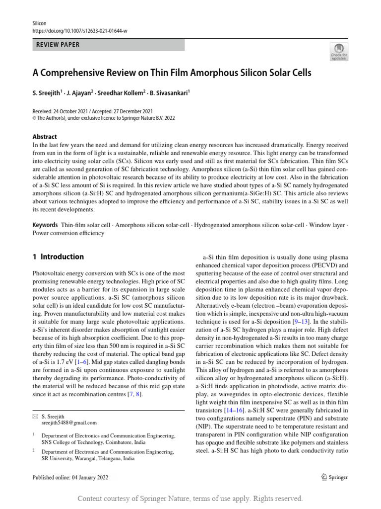 Review of Amorphous Silicon Solar Cells | PDF | Thin Film Solar Cell ...