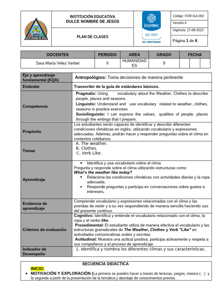 1er Plan de Clases II Per | PDF | Aprendizaje | Cognición