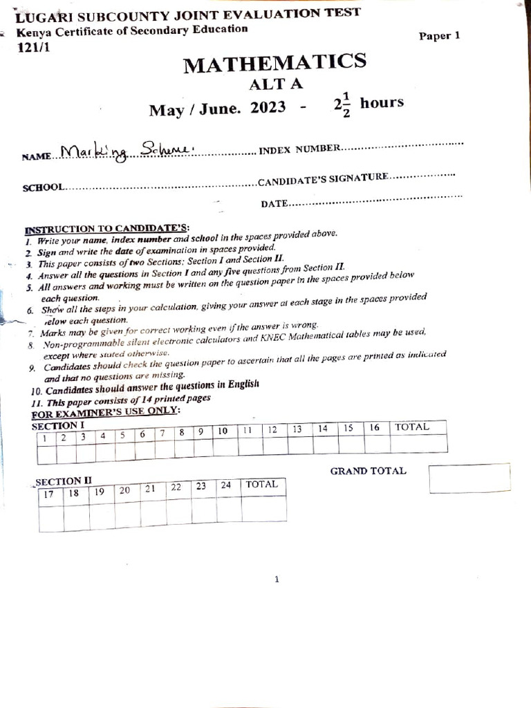 Lugari Subcounty PP1 Mathematics Exam | PDF | Mathematics