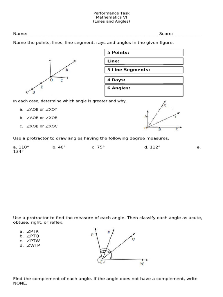 Mathematics VI: Lines and Angles Task | PDF | Angle