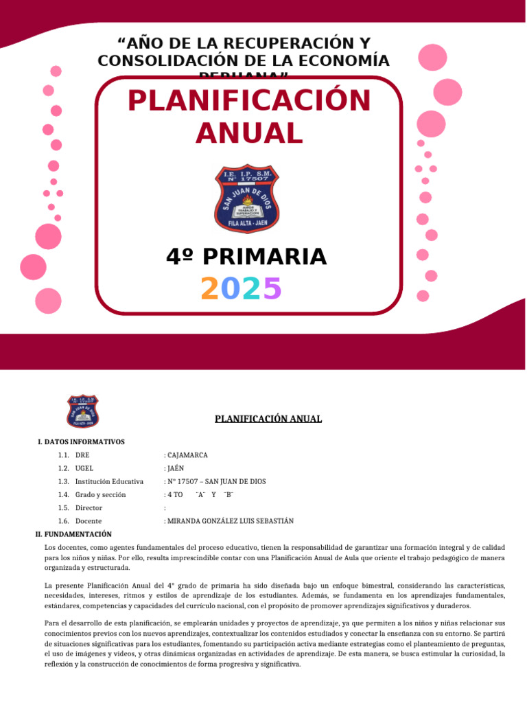 Planificación Anual 4° Primaria 2025 | PDF | Datos | Enseñando