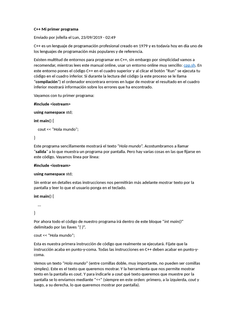 Introducción a C++: Primer Programa | PDF | C ++ | Ciencias de la ...