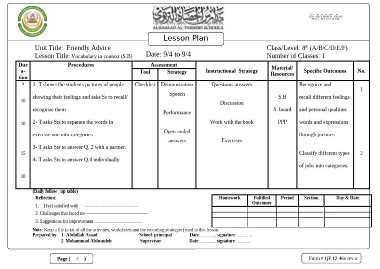 Lesson Plan: Date: 9/4 To 9/4 | PDF | Learning | Human Communication