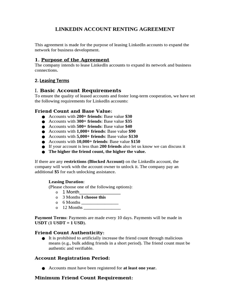LinkedIn Account Leasing Agreement | PDF | Linked In | Lease