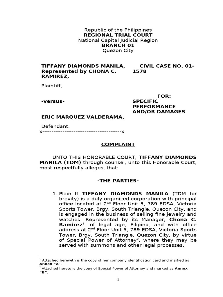 Complaint for Specific Performance in Quezon City | PDF | Damages ...