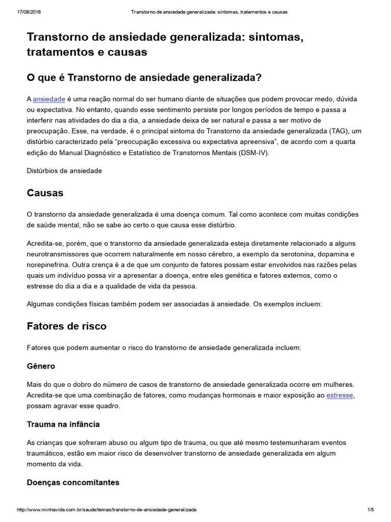 Transtorno de Ansiedade Generalizada: Causas e Sintomas | PDF ...