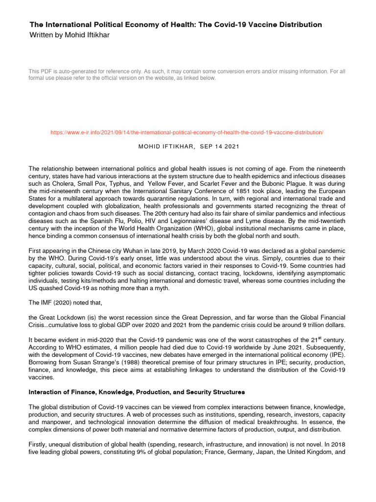 The International Political Economy of Health - The Covid-19 Vaccine ...
